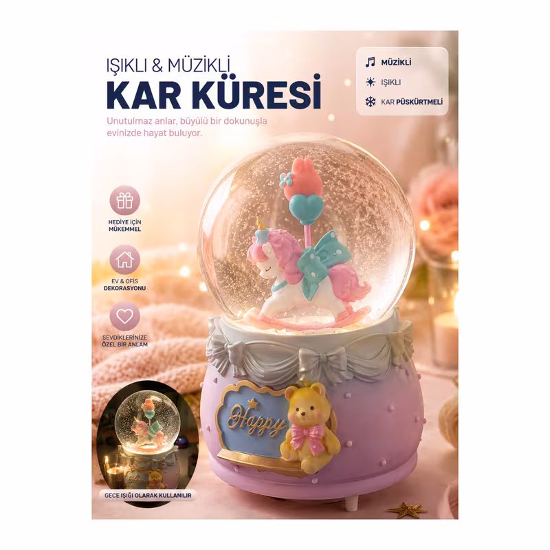 Işıklı & Müzikli Unicorn Kar Küresi