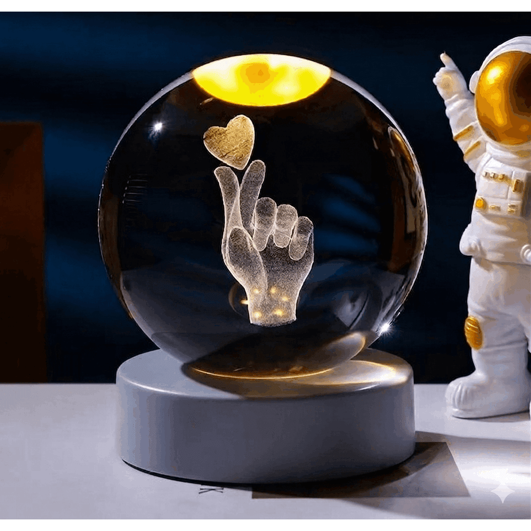 3D Kristal Küre Gece Lambası - Kalpli El Figürü