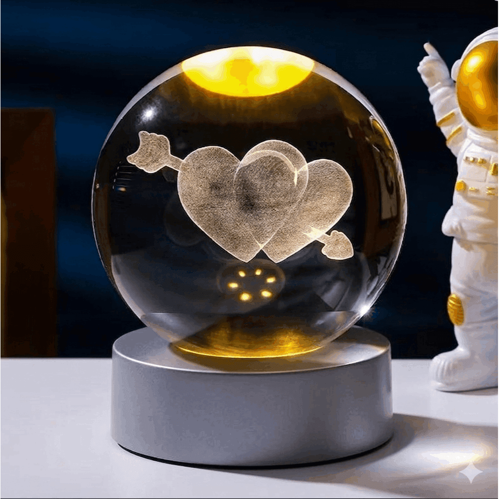 3D Kristal Cam Gece Lambası - Oklu Kalp Hologram